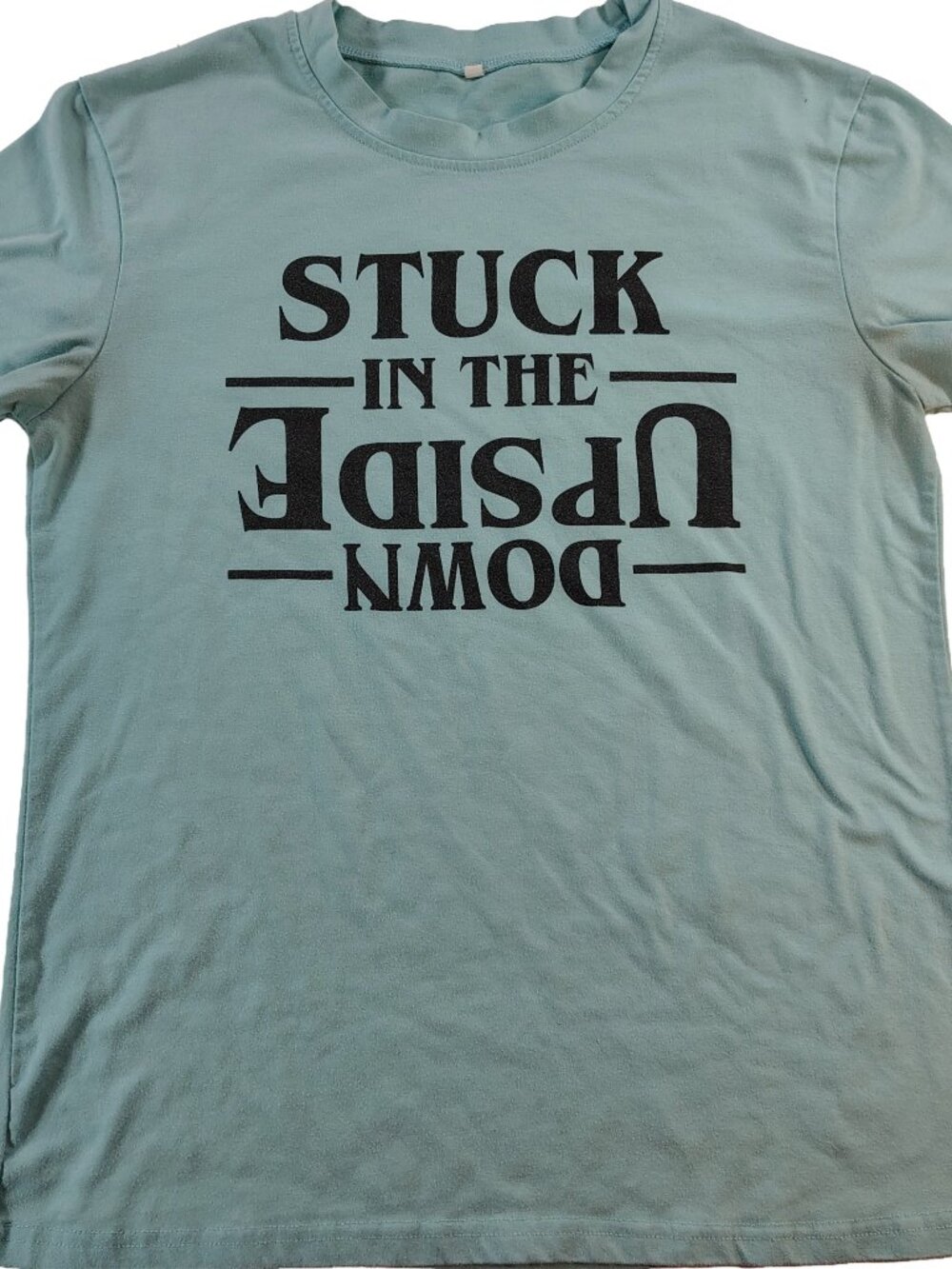 Women's Large Light Blue Stranger Things Stuck In The Upside Down Graphic Tee
